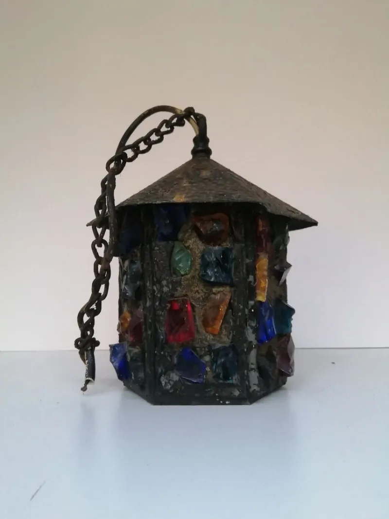 Discount Pamono English Arts & Crafts Glass, Lead & Hammered Sheet Metal Porch Lantern by Peter Marsh, 1950s