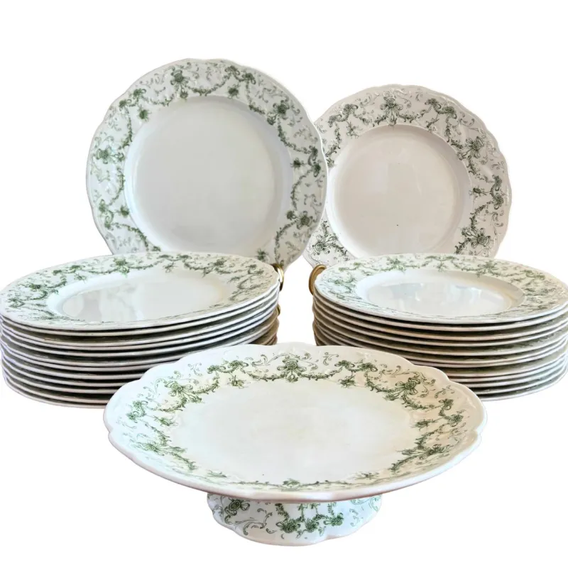 New Pamono English Earthenware Lafayette Dinner Service with Green Ribbon and Floral Garlands from Ridgways, 1890, Set of 26