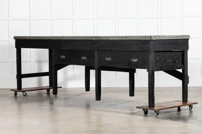 New Pamono English Monumental Ebonised Pine Worktable, 19th Century
