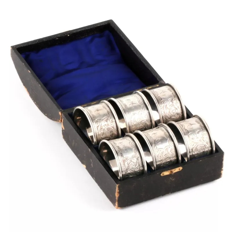 Sale Pamono English Silver Napkin Rings Set with Original Case, Set of 7