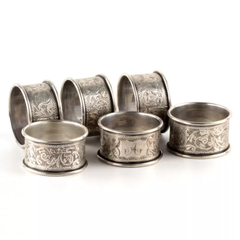 Sale Pamono English Silver Napkin Rings Set with Original Case, Set of 7