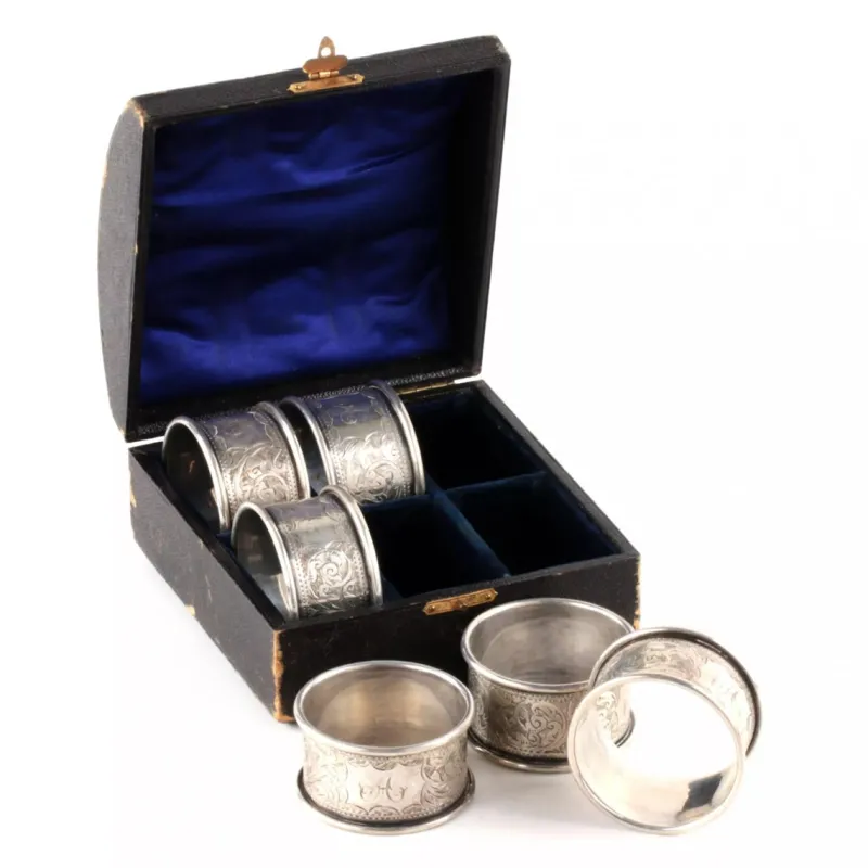 Sale Pamono English Silver Napkin Rings Set with Original Case, Set of 7