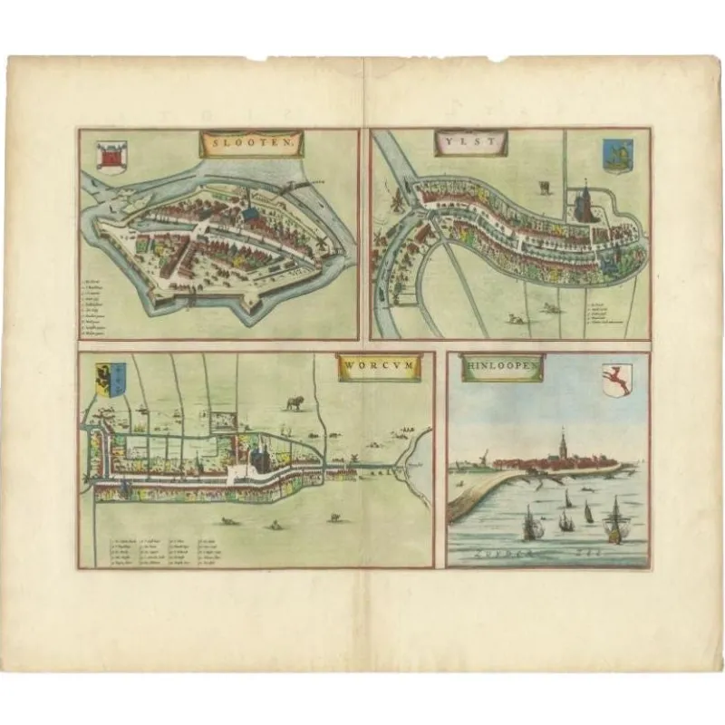 Best Pamono Engraved Map of the Frisian Cities of Sloten, Yist, Workum and Hindelopen by Blaeu, 1650s