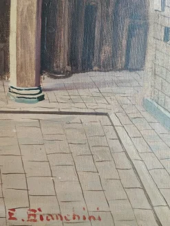 Sale Pamono Enrico Bianchini, Firenze Cortile del Bargello, Oil on Canvas, Framed