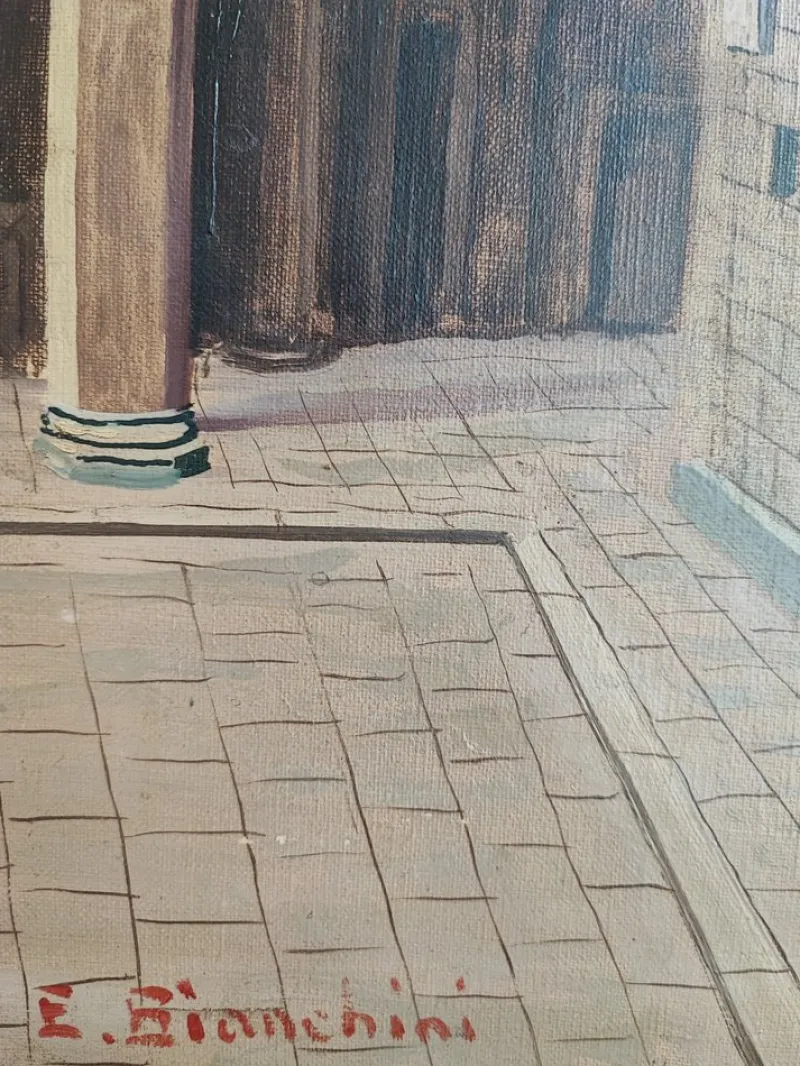 Sale Pamono Enrico Bianchini, Firenze Cortile del Bargello, Oil on Canvas, Framed