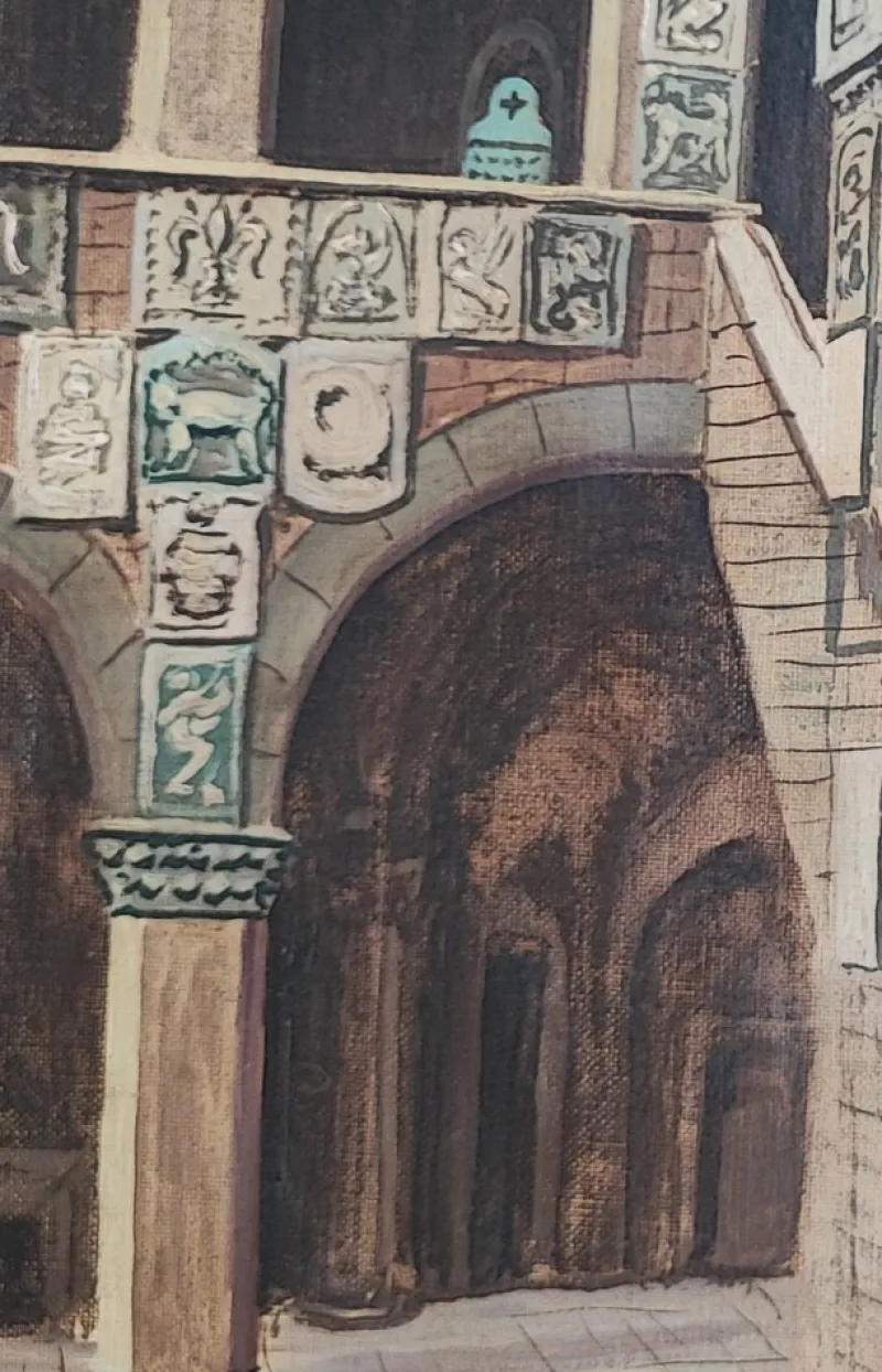 Sale Pamono Enrico Bianchini, Firenze Cortile del Bargello, Oil on Canvas, Framed