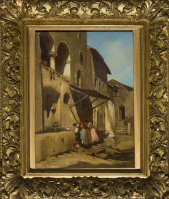 Sale Pamono Enrico Coleman, Village Scene, 1800s, Oil on Paper, Framed