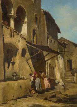Sale Pamono Enrico Coleman, Village Scene, 1800s, Oil on Paper, Framed