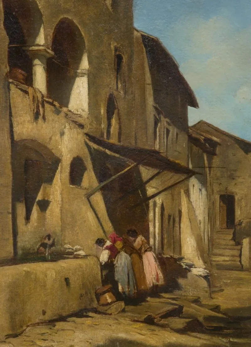 Sale Pamono Enrico Coleman, Village Scene, 1800s, Oil on Paper, Framed