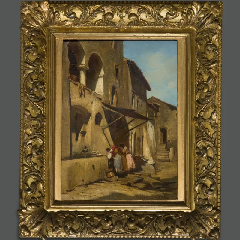 Sale Pamono Enrico Coleman, Village Scene, 1800s, Oil on Paper, Framed