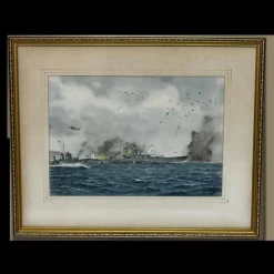 Best Pamono Eric Tuffnell, Painting of Naval Battle Sinking of Battleship Yamato April 1945, 1960s, Watercolor, Framed