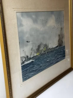 Best Pamono Eric Tuffnell, Painting of Naval Battle Sinking of Battleship Yamato April 1945, 1960s, Watercolor, Framed