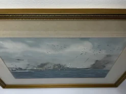 Best Pamono Eric Tuffnell, Painting of Naval Battle Sinking of Battleship Yamato April 1945, 1960s, Watercolor, Framed