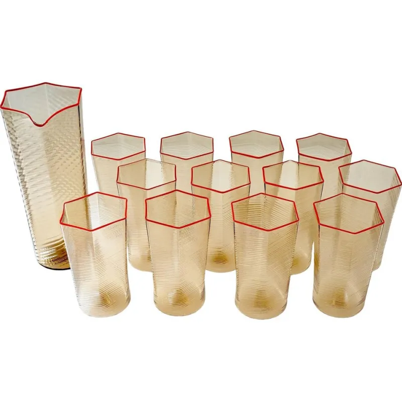 Pamono Esagonali Tumblers and Pitcher by Carlo Scarpa, Set of 13> Tabletop|Glassware