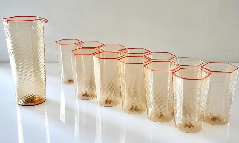Pamono Esagonali Tumblers and Pitcher by Carlo Scarpa, Set of 13> Tabletop|Glassware