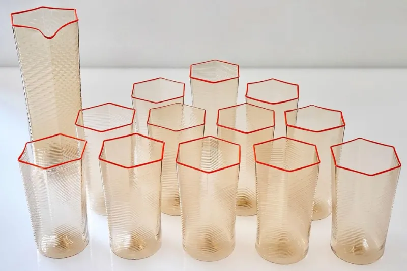 Pamono Esagonali Tumblers and Pitcher by Carlo Scarpa, Set of 13> Tabletop|Glassware