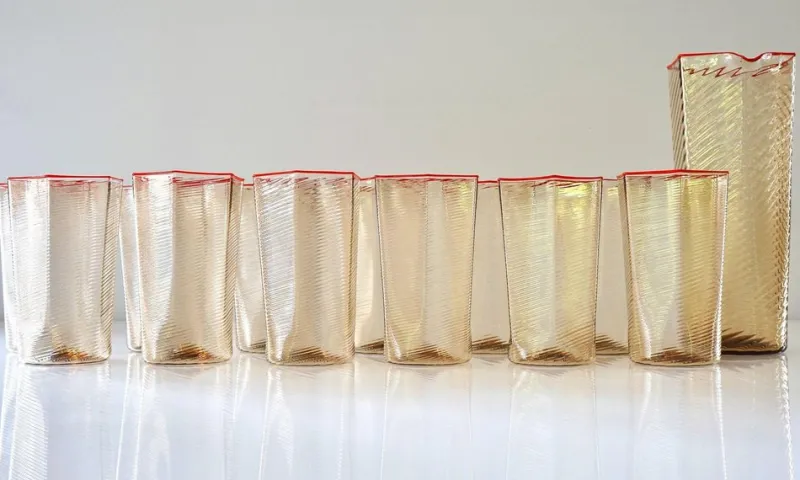 Pamono Esagonali Tumblers and Pitcher by Carlo Scarpa, Set of 13> Tabletop|Glassware