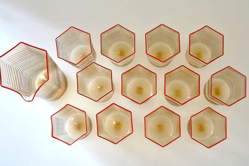 Pamono Esagonali Tumblers and Pitcher by Carlo Scarpa, Set of 13> Tabletop|Glassware