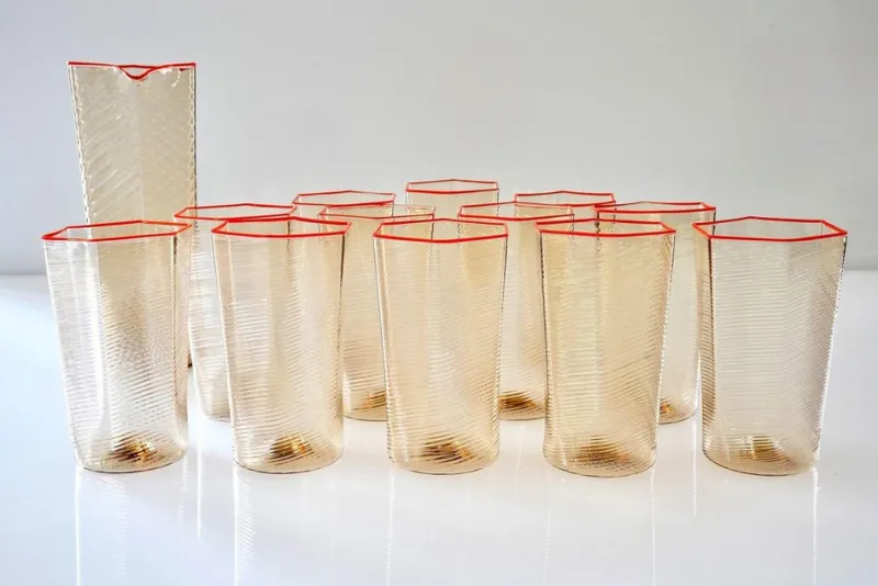 Pamono Esagonali Tumblers and Pitcher by Carlo Scarpa, Set of 13> Tabletop|Glassware