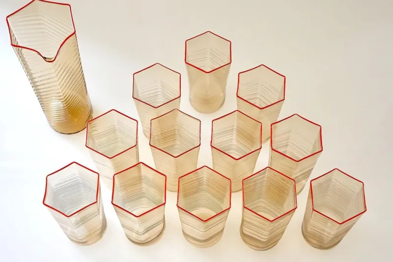 Pamono Esagonali Tumblers and Pitcher by Carlo Scarpa, Set of 13> Tabletop|Glassware