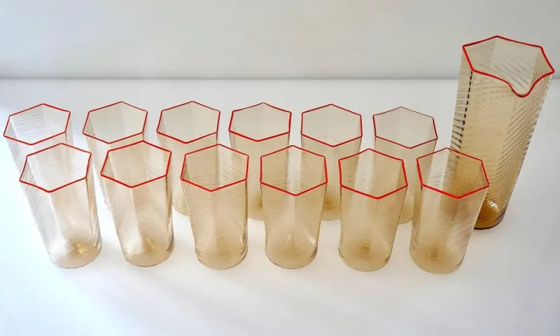 Pamono Esagonali Tumblers and Pitcher by Carlo Scarpa, Set of 13> Tabletop|Glassware