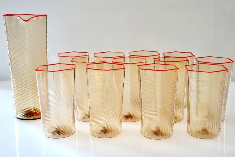 Pamono Esagonali Tumblers and Pitcher by Carlo Scarpa, Set of 13> Tabletop|Glassware