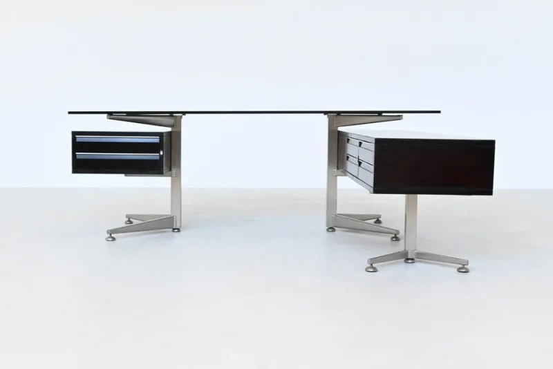 Sale Pamono Executive Corner Desk in Mahogany and Glass from Abbondinterni, Italy, 1970s