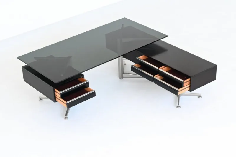 Sale Pamono Executive Corner Desk in Mahogany and Glass from Abbondinterni, Italy, 1970s