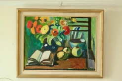 Pamono Eyvind Olesen, Still Life with Book, Mid-20th Century, Oil on Canvas, Framed> Mid-Century