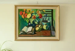 Pamono Eyvind Olesen, Still Life with Book, Mid-20th Century, Oil on Canvas, Framed><noscript><img width=