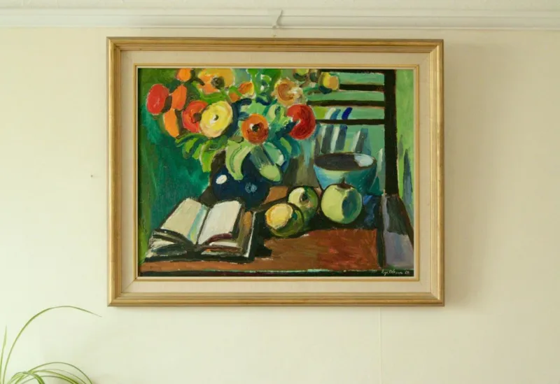Pamono Eyvind Olesen, Still Life with Book, Mid-20th Century, Oil on Canvas, Framed> Mid-Century