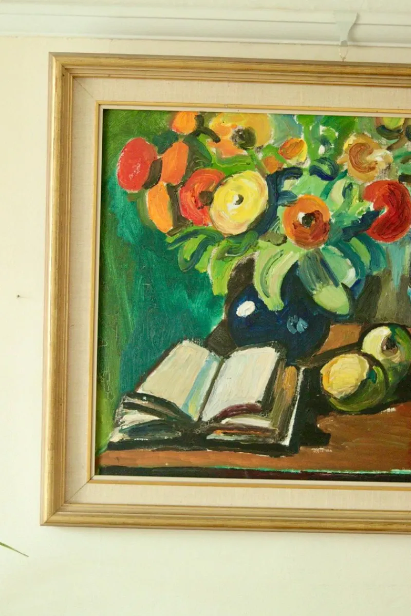 Pamono Eyvind Olesen, Still Life with Book, Mid-20th Century, Oil on Canvas, Framed> Mid-Century