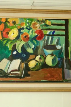 Pamono Eyvind Olesen, Still Life with Book, Mid-20th Century, Oil on Canvas, Framed><noscript><img width=