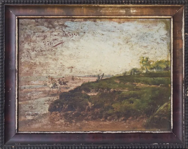Best Pamono F. Fortuny, Argentinian Seascape with Horses, 1894, Oil on Panel, Framed