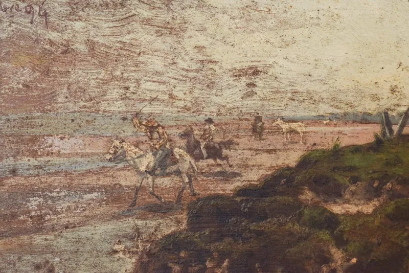 Best Pamono F. Fortuny, Argentinian Seascape with Horses, 1894, Oil on Panel, Framed