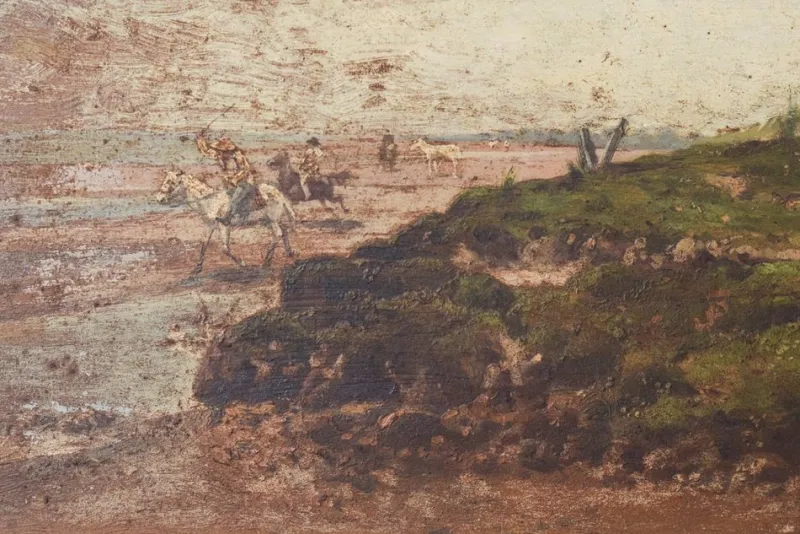 Best Pamono F. Fortuny, Argentinian Seascape with Horses, 1894, Oil on Panel, Framed