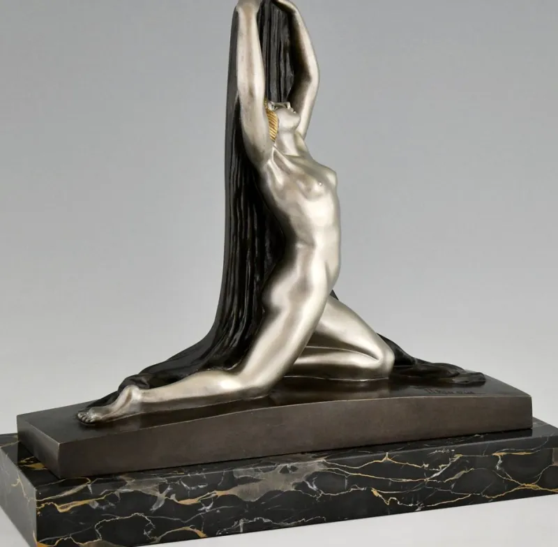 Hot Pamono F. Trinque, Art Deco Nude with Drape, 1920s, Bronze & Marble