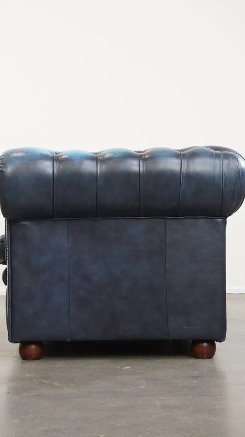 Hot Pamono Fantastic 2-Seater Leather Chesterfield Sofa with a Denim Blue Colour.