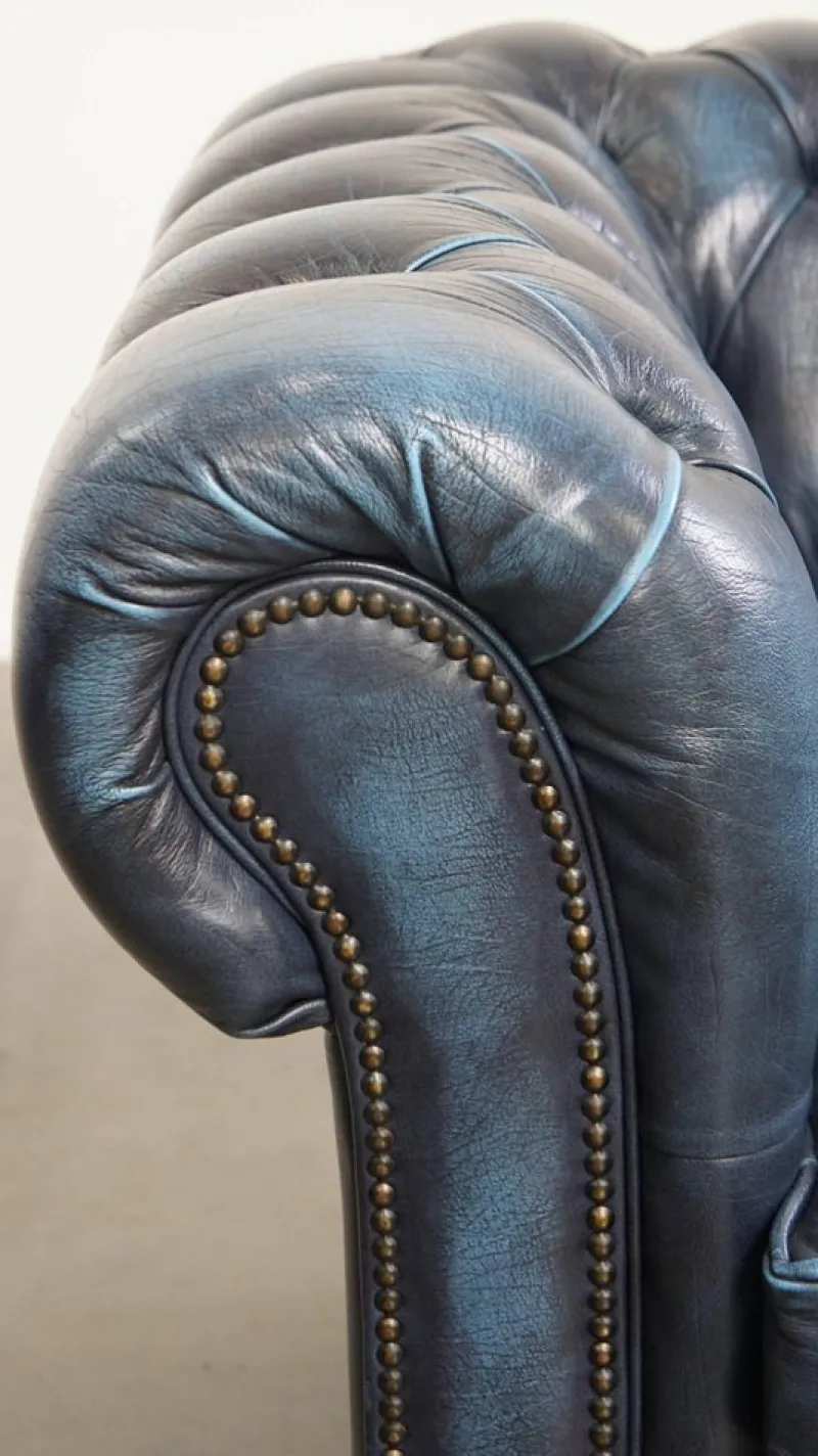 Hot Pamono Fantastic 2-Seater Leather Chesterfield Sofa with a Denim Blue Colour.