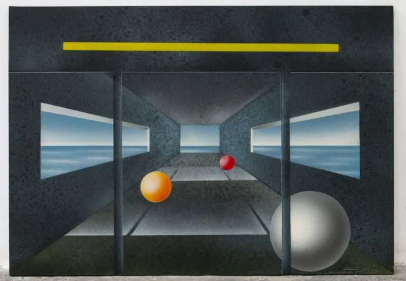 Pamono Fausto Salomoni, Composition, Painting on Wood Panel, 1989> Surrealist