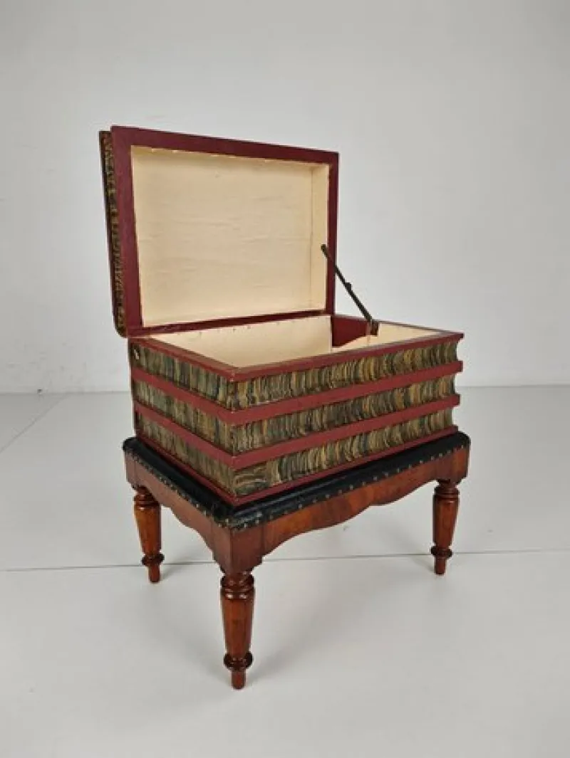 Pamono Faux Book Box on Painted Stand in Leather, 1830> Trunks Crates & Baskets