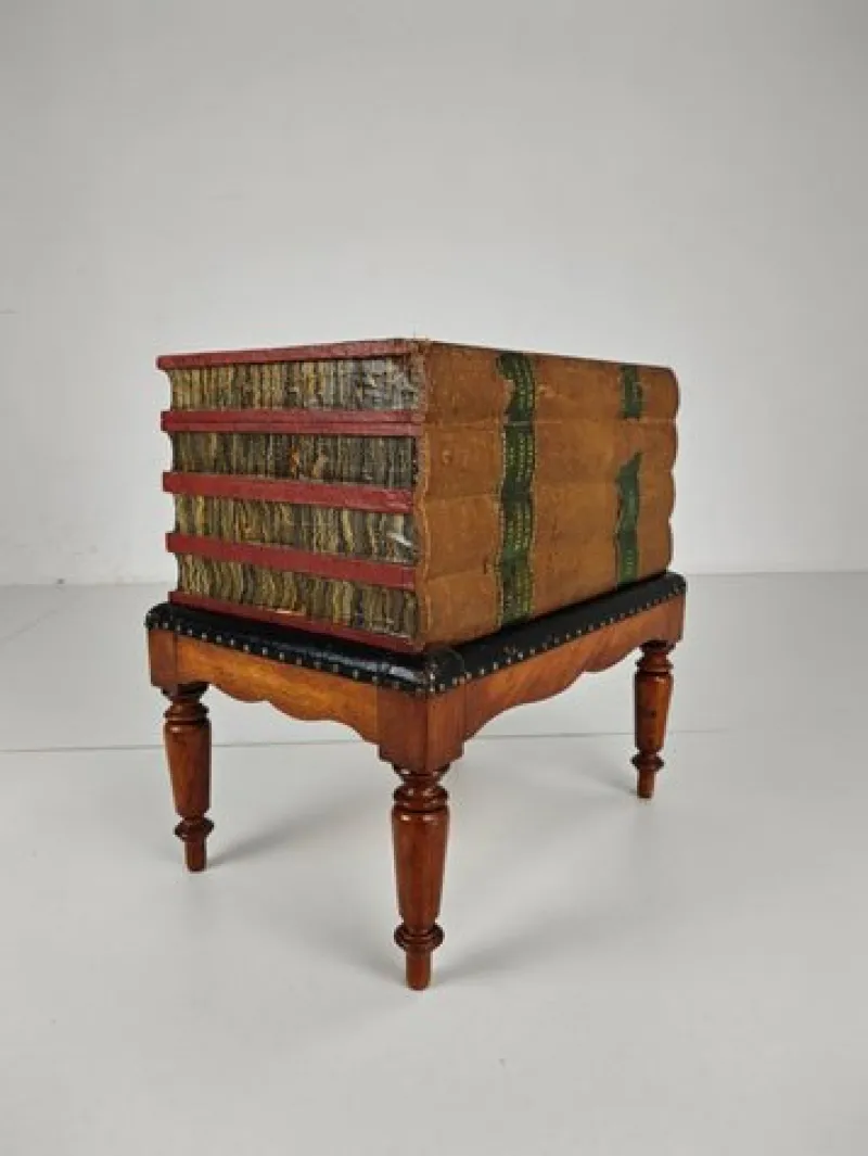 Pamono Faux Book Box on Painted Stand in Leather, 1830> Trunks Crates & Baskets