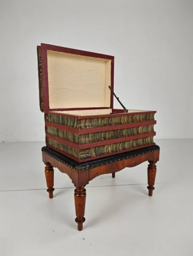 Pamono Faux Book Box on Painted Stand in Leather, 1830> Trunks Crates & Baskets