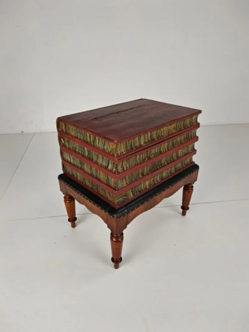 Pamono Faux Book Box on Painted Stand in Leather, 1830> Trunks Crates & Baskets