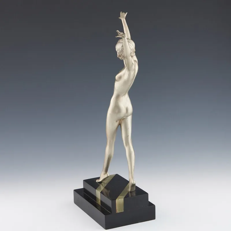 New Pamono Ferdinand Preiss, Art Deco Striding Lady, 1920s, Bronze with Marble Base
