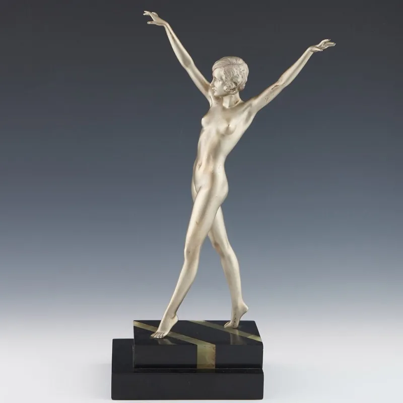 New Pamono Ferdinand Preiss, Art Deco Striding Lady, 1920s, Bronze with Marble Base
