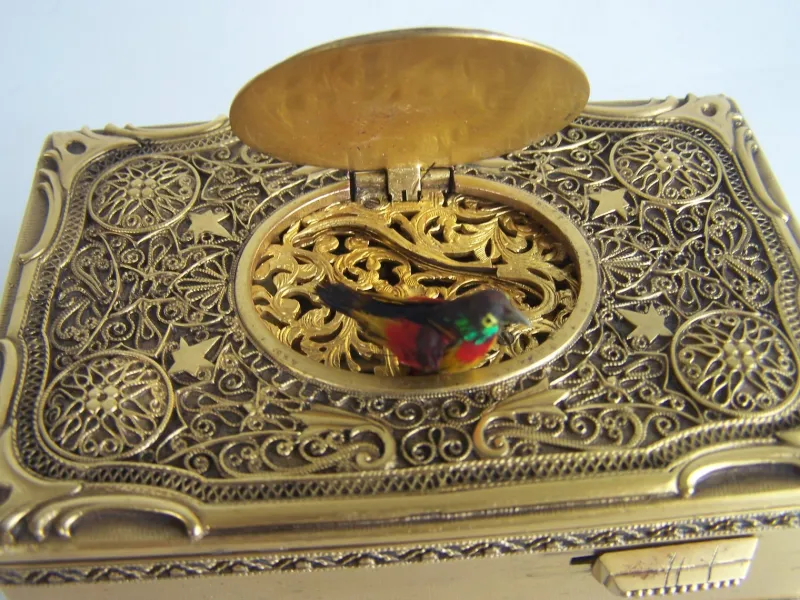 Pamono Filigree Singing Bird Box by K. Griesbaum, 1960s> Trunks Crates & Baskets