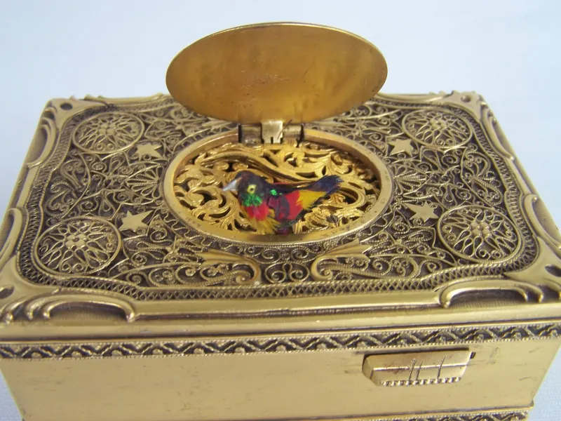 Pamono Filigree Singing Bird Box by K. Griesbaum, 1960s> Trunks Crates & Baskets
