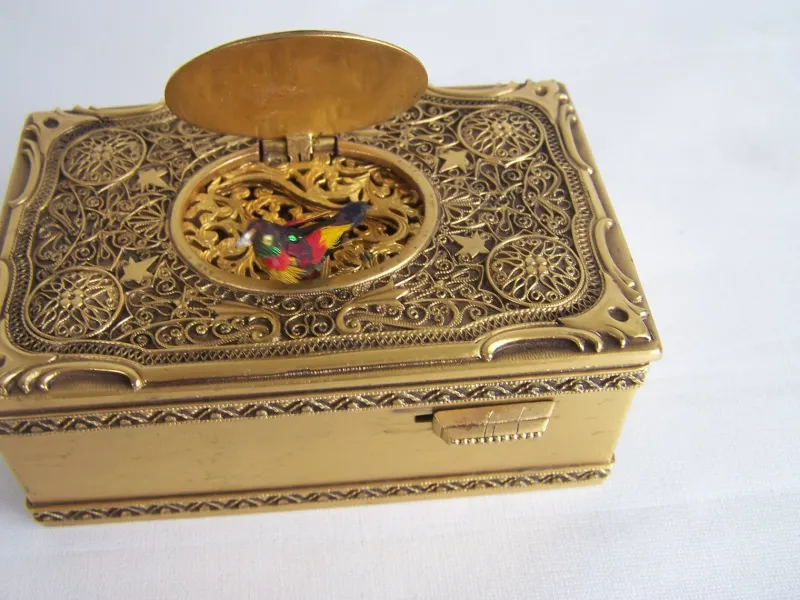 Pamono Filigree Singing Bird Box by K. Griesbaum, 1960s> Trunks Crates & Baskets