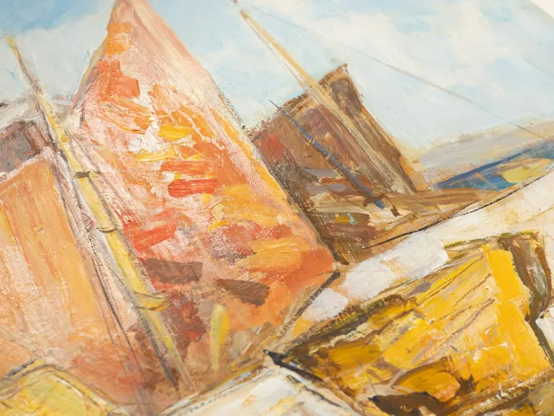 Pamono Fishing Boats in Venice, Oil on Panel, Framed> Impressionist
